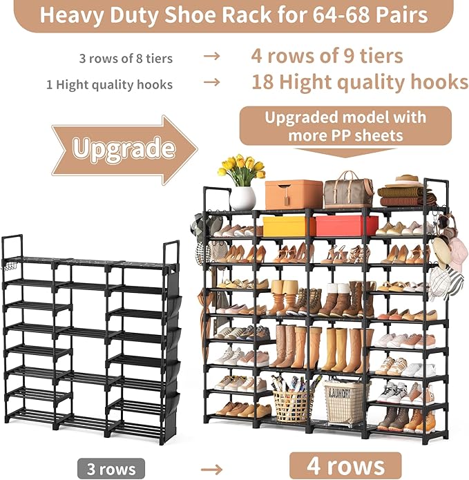 ROJASOP Large Shoe Rack Organizer for Entryway Closet 64-68 Pairs 9-Tier Heavy Duty Tall Garage Shoe Rack Shoe Shelf Shoes Storage with 18 Pcs Removable Side Hooks for Bedroom and Garage Black