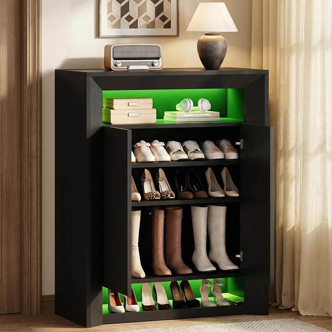 Einhomn LED Shoe Cabinet for Entryway w/App & Music Sync, Modern Shoe Storage Rack with Adjustable Shelves & Pull-Out Drawer, Entryway Shoe Organizer for Small Space, 15–25 Pairs, Black