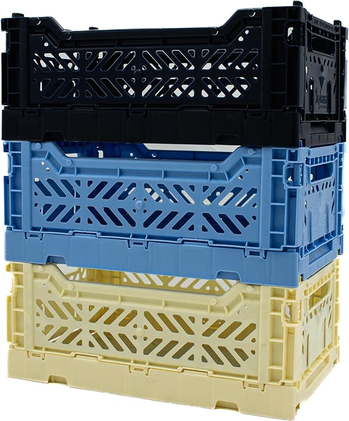 Collapsible Storage Box, Foldable Crate Organizer Bin with Handle, Stackable Crates for Home Organization (Navy-Blue-Cream, 4L -3-Pack)