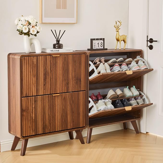 RARZOE Set of 2 Fluted Shoe Storage Cabinets for Entryway, Walnut | Narrow Curved Shoe Storage Cabinet with 2 Flip Drawers, Slim Shoe Rack Organizer for Foyer, Hallway, Fits Size 11 Shoes
