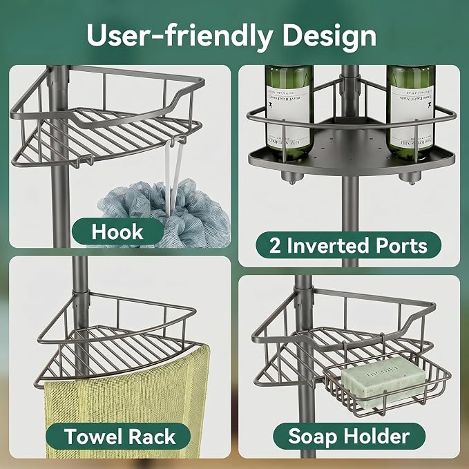 Corner Shower Caddy Tension Pole, 4 Tier Rustproof Shower Tension Rod Organizer, Adjustable 25-125 Inch Bathroom Shower Organizer Shelves for Bathtub Shampoo Storage, Grey