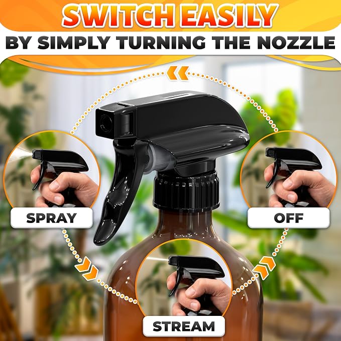 ALPENKOK 6 Pack Spray Nozzle for Bottles, Trim-To-Fit Tube; Plastic (Black) | Spray Bottle Nozzle Replacement; Fits 8 and 16 Oz; Trigger Sprayer with Mist, Stream & Off Modes; for Cleaning and Garden
