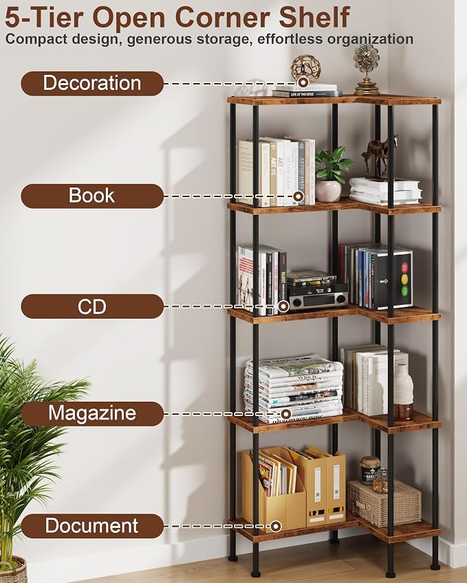 HIGDBFE 5-Tier L-Shaped Corner Bookshelf, 60" Tall Modern Corner Shelf | L-Shape Corner Fits Living Room, Bedroom, or Home Office Corners, 5 Open Shelves, Display Rack for Books, Plants, and More