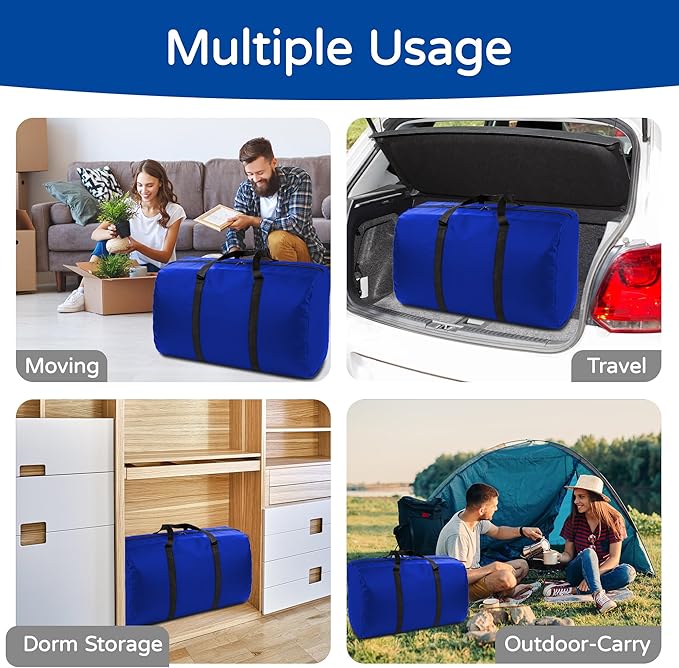 4 Pack 96L Extra Large Moving Bags with Zippers & Carrying Handles for Storage, Packing, Traveling, Camping, Langdry, Big Heavy Duty Moving Totes Bags for Clothes, Supplies and Space Saving Blue