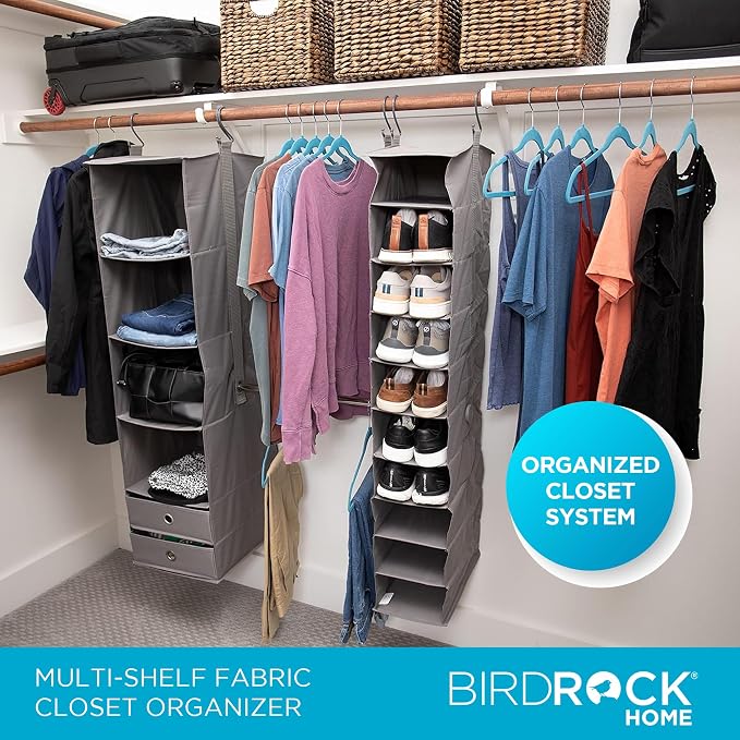 BIRDROCK HOME 5pc Hanging Closet Organizer System with Storage Shelves - Grey - Shoe Clothing Organization - Great for College Dorms or Kid Bedrooms Nursery
