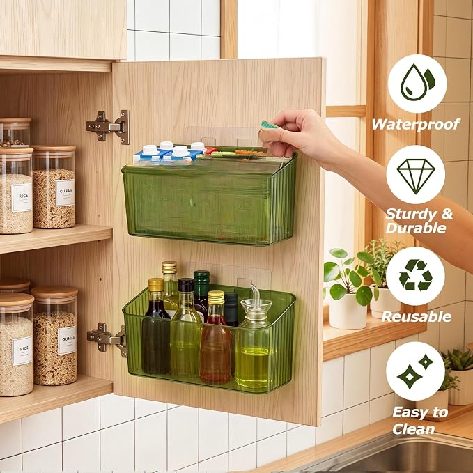 14 Pack Cabinet Door Organizer Adhesive Wall Mount Storage Bins Makeup Containers Stackable Organizer Basket for Kitchen Cabinets, Bathroom, Pantry, Office, Refrigerator (Frosted Green)