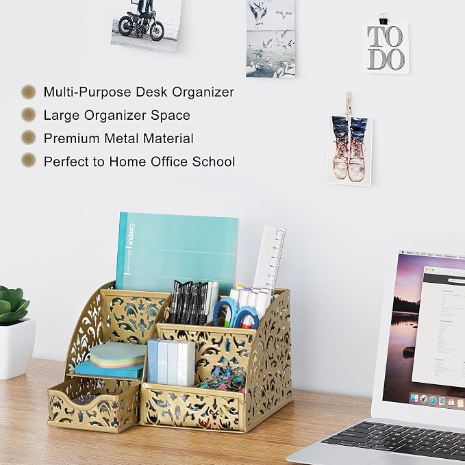 EasyPAG Desk Organizer and Pen Holder for Desk, Mesh Office Supplies Storage Caddy with Drawer for Small Space, Desktop Organizer for Home Office, Gold