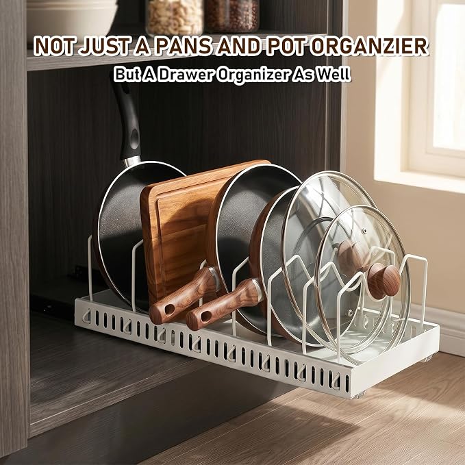 2 Pack Pull Out Pots And Pans Organizer Under Cabinet, Sliding Lid | Holder and Pan Rack, Slide Out Inside Cabinet Storage for Pot Lid Bakeware Dishes, 8 Adjustable Dividers, White
