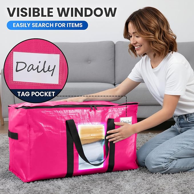 TAILI 8 Pack Pink Extra Large Moving Bags, Heavy Duty Totes with Visible Window, Wrap Around Handles, Space-Saving Storage, Alternative to Moving Boxes