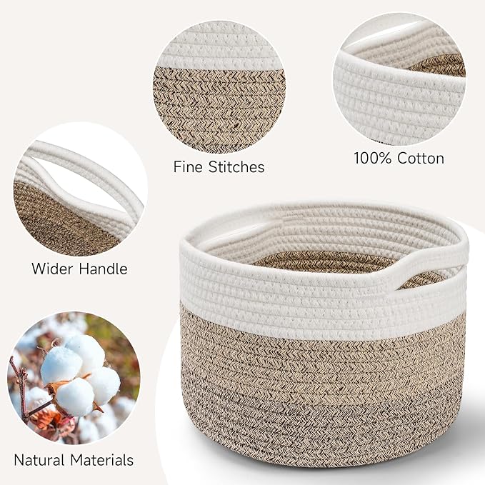 Small Rope Baskets for Storage, Baskets for Gifts Empty, Cute Round Woven Basket, Decorative Shelf Baskets 9.82×9.82×7.1", Cotton Toy Storage Bins for Organizer 3 Packs Mixed Brown