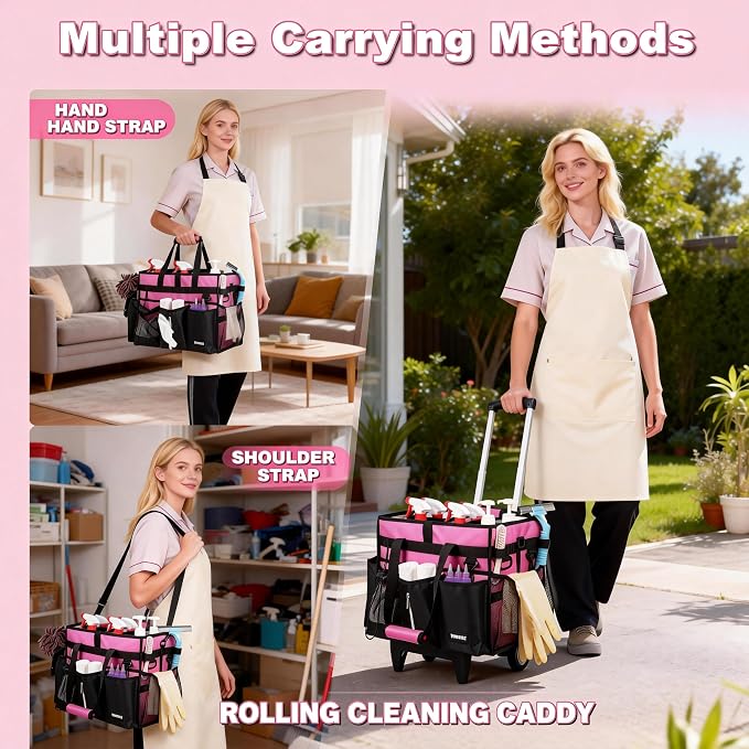 Cleaning Caddy with Wheels, Rolling Cleaning Supplies Organizer with Bottom Board, Dividers & Shoulder Strap, Portable Utility Tote with Small Trolley, Rose Pink