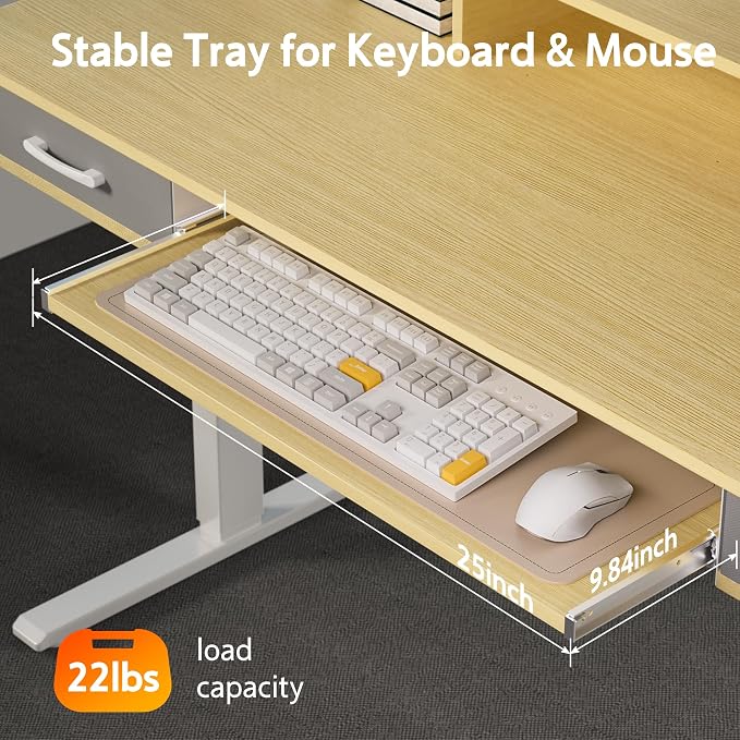 WALKINGDESK 63 Inches Electric Standing Desk with Keyboard Tray, Height Adjustable Sit to Stand Table with 2 Drawers, Ergonomic Home Office Desk with Storage Shelf, Computer Table, Oak