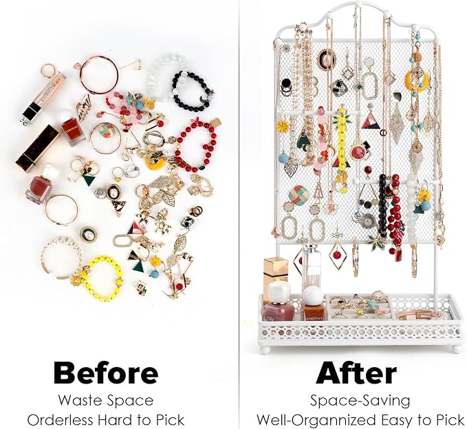 Meangood Jewelry Organizer Stand, Earring Holder Rack for Hanging Earrings Necklace Bracelets Watches Jewelry Display Large Rings Storage as Women Gift (White)