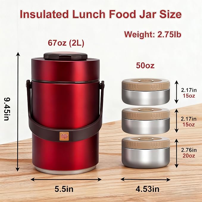 67oz Vacuum Insulated Lunch Food Container for Hot Food, 3 Tier Stackable | Adults Stainless Steel Wide Mouth Thermal Lunch Box, Leak-Proof Thermo Food Jar for Office & Outdoor (Red)