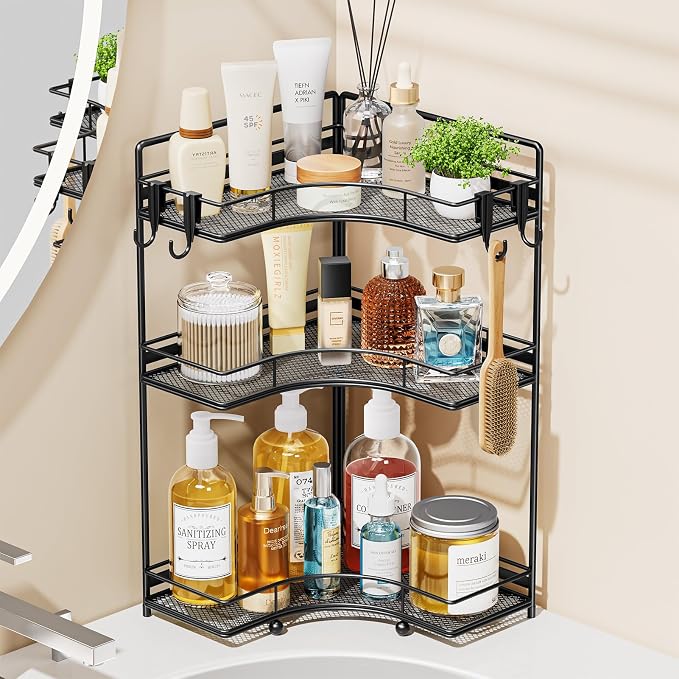 VITVITI 3 Tier Corner Bathroom Counter Organizer, Bathroom Countertop Organizer Storage for Sink, Metal Mesh Makeup Organizer for Vanity Countertop Kitchen with Hooks, Black