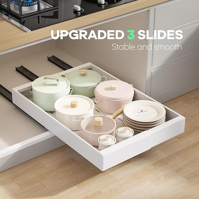 Seinloes 4 Pack Pull out Cabinet Organizer 21" Deep With Raising Pad for Framed Cabinets, Expandable (9"-14" W) Slide out Drawers for Kitchen Cabinets with 4pcs Divider Racks, Roll out Shelves, White