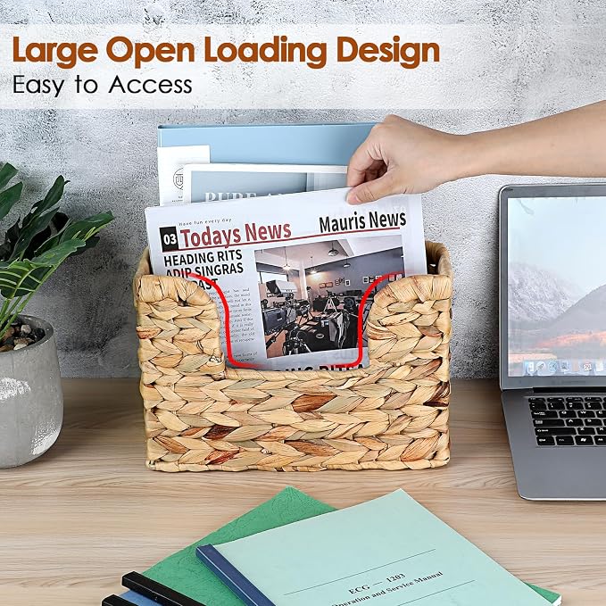 BTSKY Woven Hanging Magazine Holder, Water Hyacinth Magazine Basket, Wall Mounted Storage Basket for Books & Files, Wall File Organizer Magazine Rack with Handle for Home & Office - 11.8x4.3x7.9 Inch
