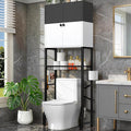 Over-The-Toilet Storage Rack, 4-Tier Bathroom Organizer Shelf Over Toilet with Barn Doors Cabinet and Basket, Freestanding Space Saver Bathroom Shelves with Paper Holder Above Toilet (Black & White)