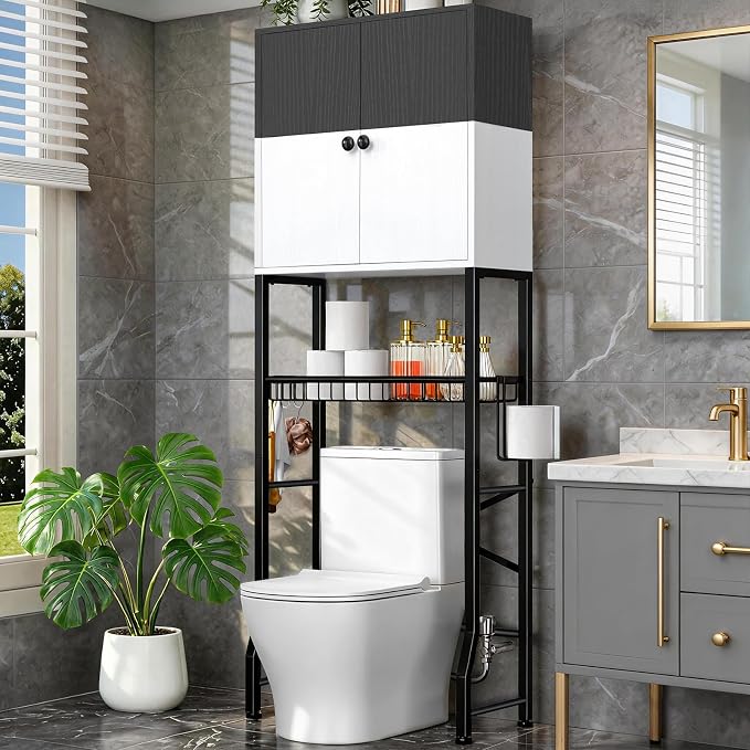 Over-The-Toilet Storage Rack, 4-Tier Bathroom Organizer Shelf Over Toilet with Barn Doors Cabinet and Basket, Freestanding Space Saver Bathroom Shelves with Paper Holder Above Toilet (Black & White)