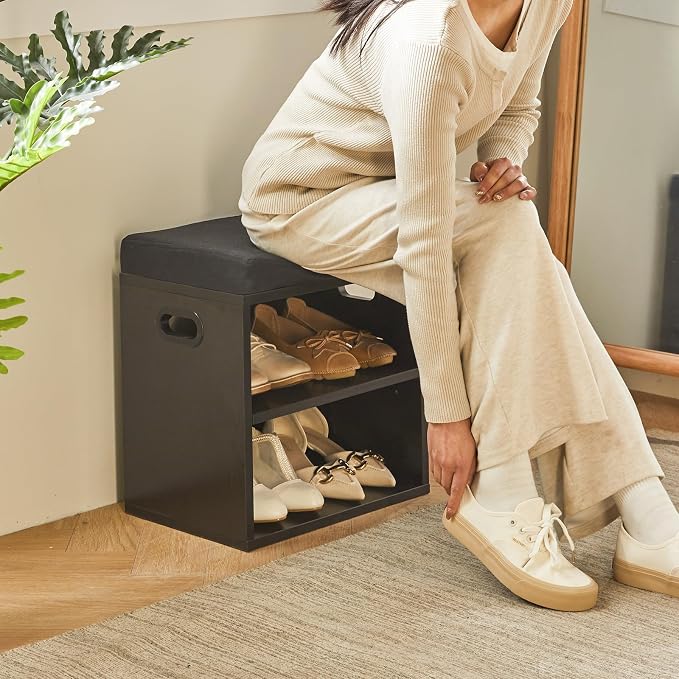 YMYNY Small Shoe Storage Bench with Cushion, Black, HBD028B | 2 Tier Entryway Bench with Storage, Small Shoe Rack Bench with Adjustable Shelf for Entryway 11 x 15.3 x 16.5 Inches