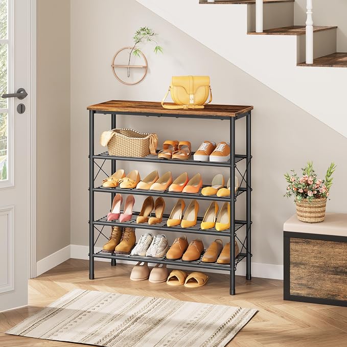 Tajsoon 5 Tier Shoe Rack Organizer for 16-20 Pairs of Shoes, Metal Mesh Shoe Shelf for Closet, Industrial Shoe Rack for Entryway Shoe Storage with X Shape Fixed Frame, Rustic Brown & Black