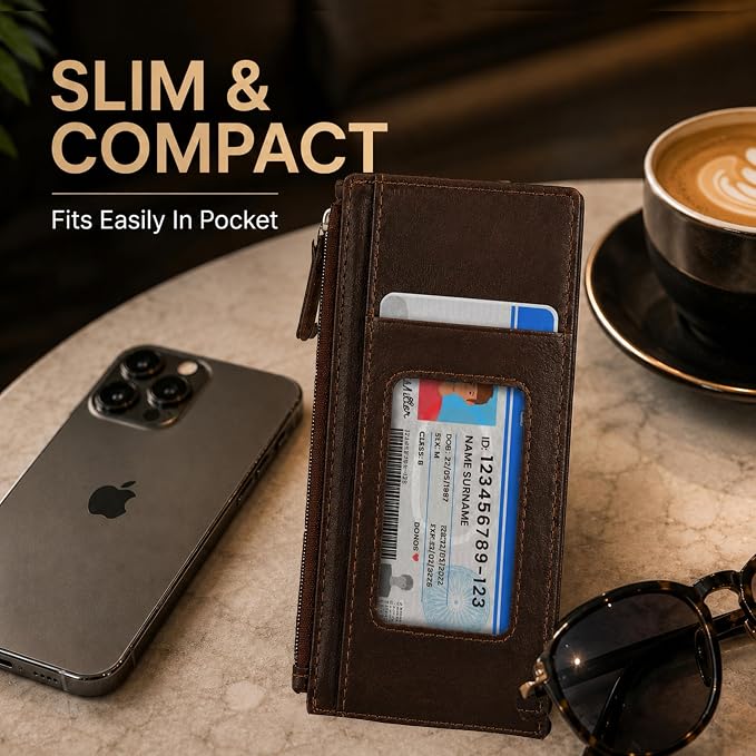 Leatherboss Genuine Leather Women's All in One Credit Business Card Case Holder Slim Zipper Wallet With a Card Protection Strap, Brown