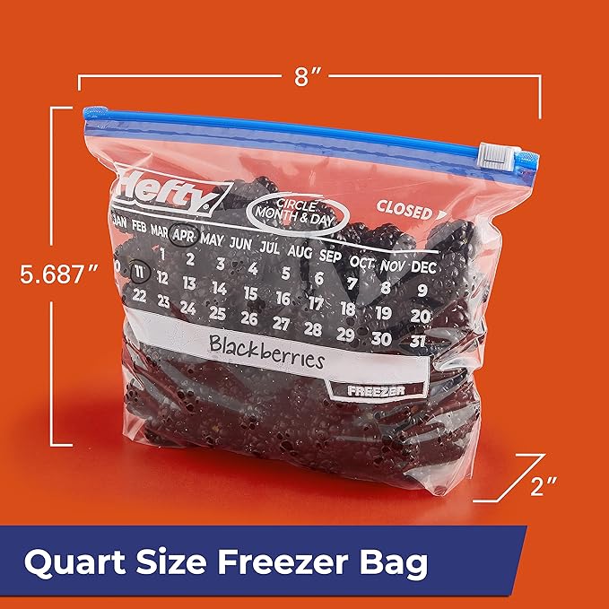 Hefty Calendar Slider Quart Freezer Bags,1 Quart Slider Bags with Stand and Fill Expandable Bottoms,Helps Prevent Freezer Burn,35 Count (Pack of 8)