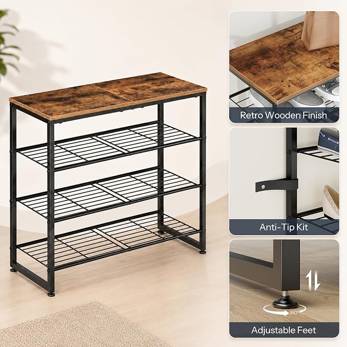 HOOBRO Shoe Rack, 4-Tier Narrow Shoe Organizer for Entryway, Holds 12-16 Pairs of Shoes, Metal Shoe Shelf with Removable Tier, Adjustable Feet, for Closet and Hallway, Rustic Brown and Black BF49XJ01