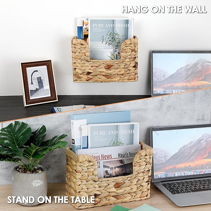 BTSKY Woven Hanging Magazine Holder, Water Hyacinth Magazine Basket, Wall Mounted Storage Basket for Books & Files, Wall File Organizer Magazine Rack with Handle for Home & Office - 11.8x4.3x7.9 Inch
