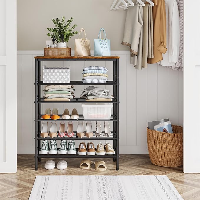 Tajsoon 6 Tier Shoe Rack Organizer for 20-24 Pairs of Shoes, Metal Mesh Shoe Shelf for Closet, Industrial Shoe Rack for Entryway Shoe Storage with X Shape Fixed Frame, Rustic Brown & Black