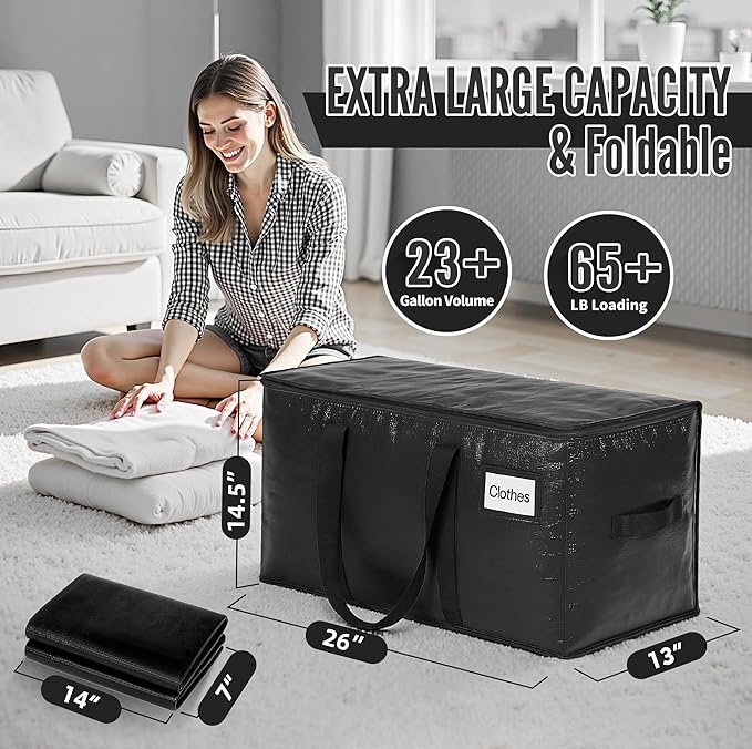 BAGAIL Heavy Duty Moving Bags with Strong Handle, Extra Large Moving Boxes, Storage Tote for Clothes, College Moving Supplies(Black, 2 Pack)