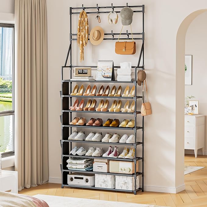OYREL Shoe Rack 8 Tier Large Shoe Organizer Storage 32-40 Pairs | Metal Shoe Storage Rack with Hooks and Side Pocket for Entrance Entryway Closet Shoe Shelf Holder