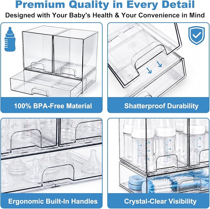 Clear Baby Bottle Organizer, 3-Piece Modular Stackable Acrylic Bins Set | BPA-Free Heavy-Duty Acrylic; Fits Breast Pump Parts, Nipples & Pacifiers; Space-Saving Nursery Cabinet & Drawer Organizer