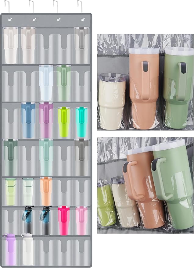 NiHome 35-Pocket Door Hanging Cup Organizer Fit for Stanley Tumbler 30 40oz | Large Capacity Over the Door Water Bottle Storage with Nano Tape, Waterproof Oxford Fabric, U-Shaped Handle Slots (Gray)