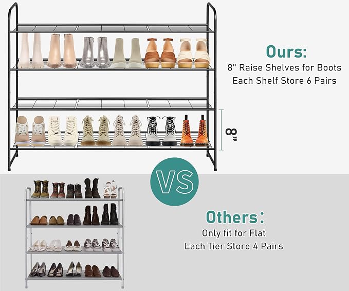SLEEPING LAMB 4 Tier Long Shoe Organizer for Closet, Metal Shoe Rack Wide Shoe Storage Organizer 30-Pairs Shoe Shelf for Bedroom, Floor, Entryway (Black)