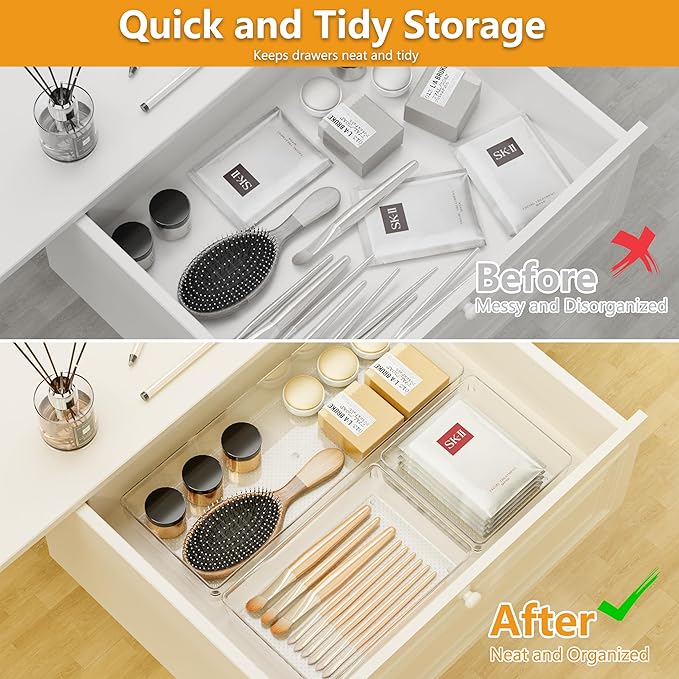Clear Plastic Drawer Organizer Set for Kitchen, Bathroom, Office, Cosmetics & Tools - Multifunctional Storage Trays with Adjustable Dividers, Space-Saving Transparent Design (Clear, 12 Pcs)