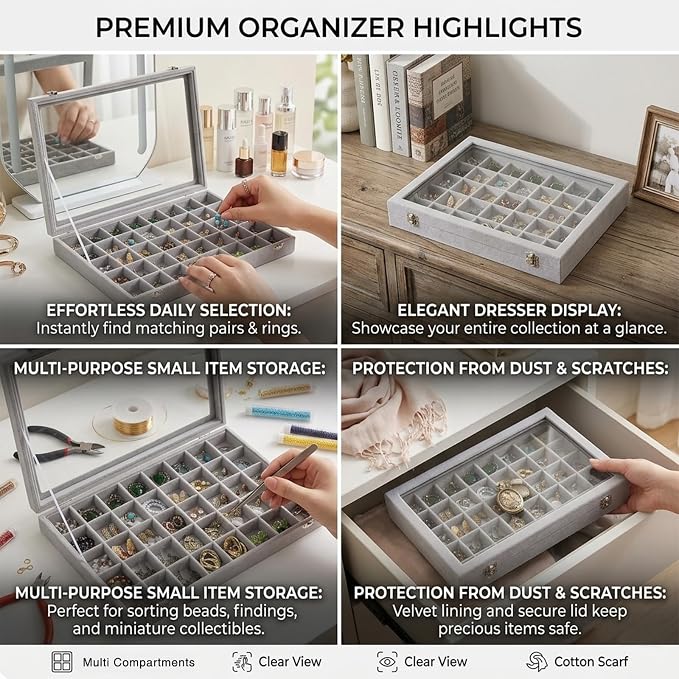 Stratalife 48 Grid Earring Organizer: Jewelry Holder Organizer Box with Clear Glass Lid, Velvet Jewelry Storage for Studs, Earrings, Rings, Necklace with Removable Dividers for Dresser, Grey