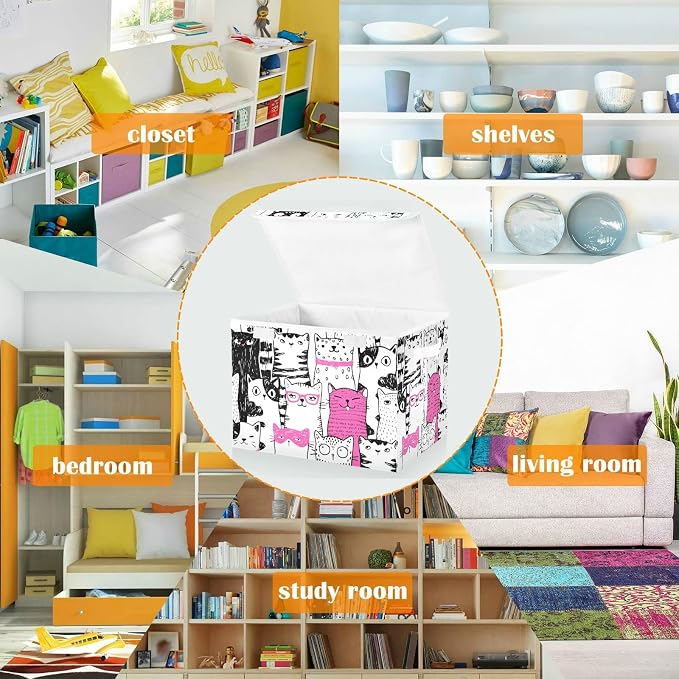 CaTaKu Large Fabric Storage Bins With Lids, Cute Pink Cat Storage Boxes With Handles for Organizing Clothes, Collapsible Storage Cube Bins for Shelve