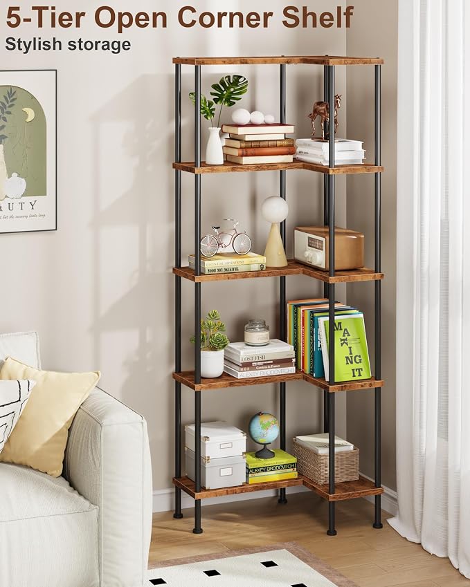 HIGDBFE 5-Tier L-Shaped Corner Bookshelf, 60" Tall Modern Corner Shelf | L-Shape Corner Fits Living Room, Bedroom, or Home Office Corners, 5 Open Shelves, Display Rack for Books, Plants, and More