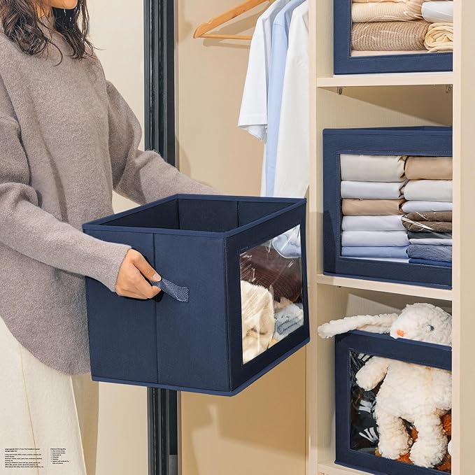 Homsorout Stackable Storage Bins with Lids - Large Decorative Basket with Lids, Fabric Foldable Closet Organizer Bins, Shelf Organizer for Living Room, Dorm, 5 Pack, Navy Blue