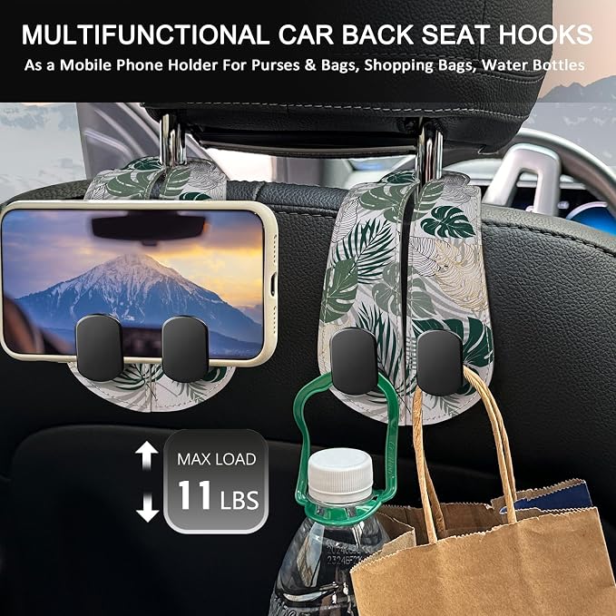 Blusabaca 2PCS Car Seat Headrest Hooks, Purses Bags Holder, Tropical Leaf | PU Leather, Double Metal Back Storage Hangers for Grocery Bags Handbags Bottles Coats Phones, Car Accessories Organization