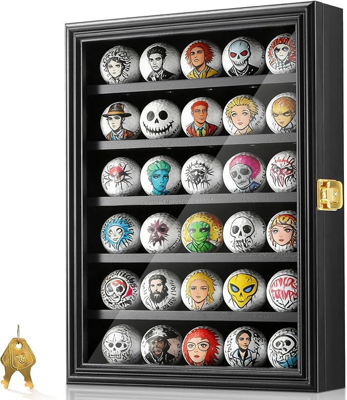 JupDec Golf Ball Display Case Frame for 30 Balls, Dustproof Solid Wood Holder Box with Unobstructed Clear View, Velvet Lined Cabinet with Removable Shelves, Ideal Gift for Golf Fans