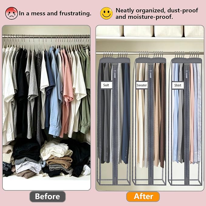 Clear Garment Bags for Hanging Clothes 10" Side Gusset, Suit Bags for Closet Storage, Suit Cover for Shirts Coats Dresses (24"X62"X10" 3Pack)