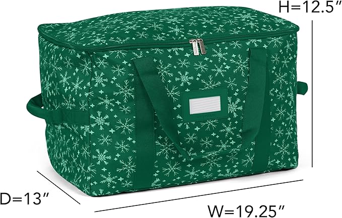 Covermates Keepsakes Adjustable Ornament Storage Bag – Heavy-Duty Polyester, Padded Dividers & FlexGrid Trays – Protective Holiday Ornament Organizer with Handles & Label Window, Green Snowflake