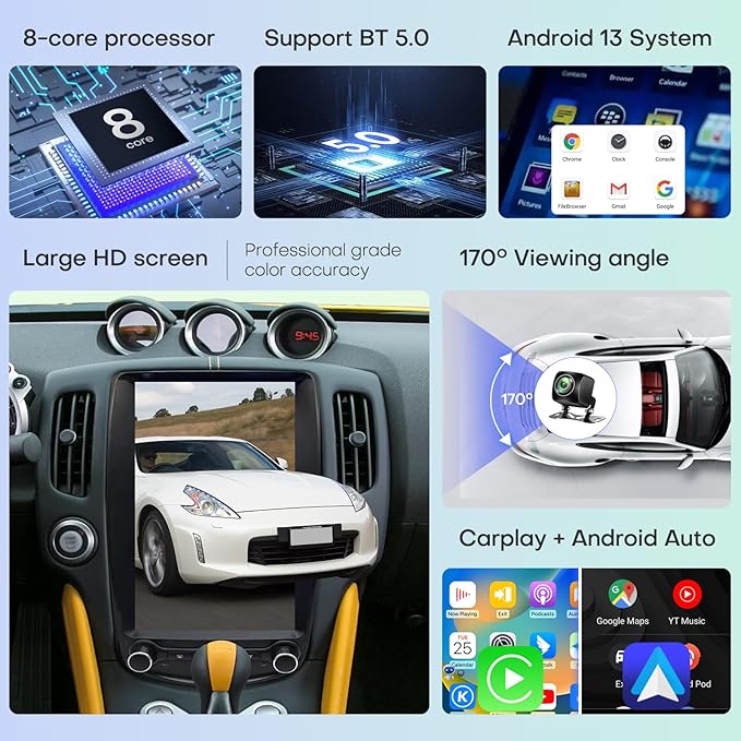 Car Radio for Nissan 370Z 2009-2021 Replacement CarPlay Stereo Android Auto 13.8 Inch Vertical Screen Upgrade Tesla Style with DSP SWC WiFi Bluetooth Audio