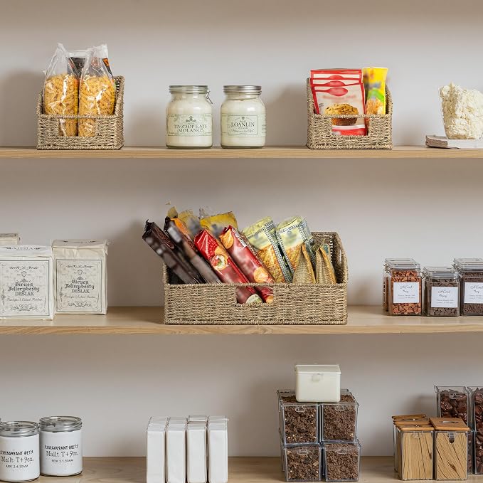 StorageWorks Seagrass Pantry Storage Baskets, Wicker Baskets with Built-in Handles, Handwoven Shelf Baskets for Organizing, Pantry Organizers and Storage, 3 Pack