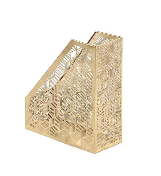 Deco 79 Metal Geometric Single Slot Magazine Holder with Laser Carved Design, 5" x 10" x 12", Gold