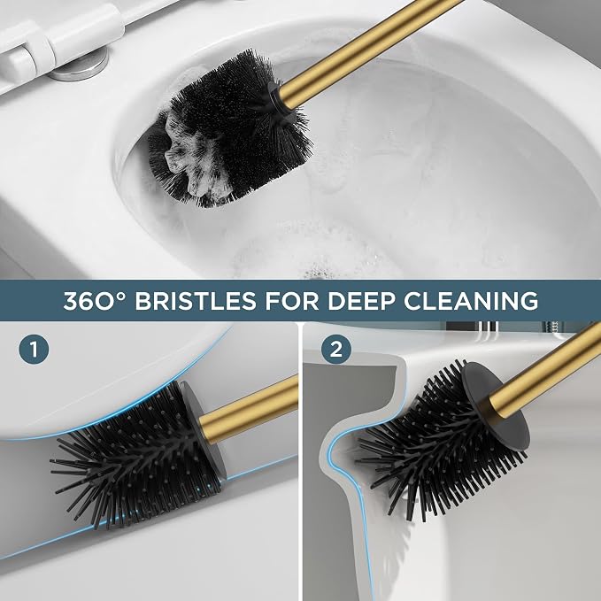FORIOUS Toilet Brush and Holder,2 Toilet Bowl Brush Head Square Medium Gold | Heavy Duty 304 Stainless Steel Base, Silicone and Plastic Brush Heads, Long Handle for Deep Cleaning, Drip-Proof
