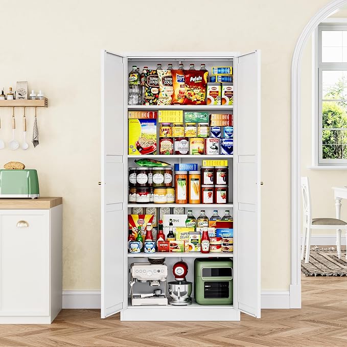Letaya White Storage Cabinet with Adjustable Shelves-Metal Home Kitchen Pantry Cabinets with Doors,Organization Locker for Cupboard/Bedroom/Dining/Living/Bathroom/Office/Garage Room