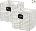 UBBCARE 2 Pack Wicker Basket, 10.5×10.5 Storage Cubes with Label, Foldable Cube Storage Bin with Handle, Square Storage Basket for Shelves, Woven Paper Rope Basket for Organizing, White